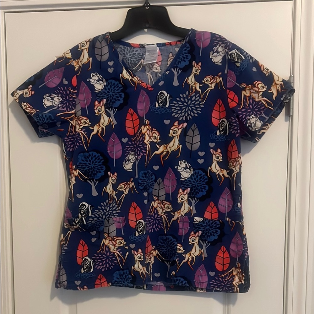 Disney Bambi Forest Print Scrub Top - Blue and Multicolor Small